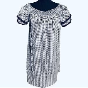 Gingham Off The Shoulder Navy Blue White Sun Dress Women's M Medium